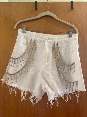 12th Tribe White Denim Shorts with Metallic Beaded Fringe